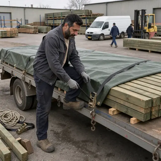 a worker securing a tarp over a flatbed truck loaded with long treated timbers in an industrial yard