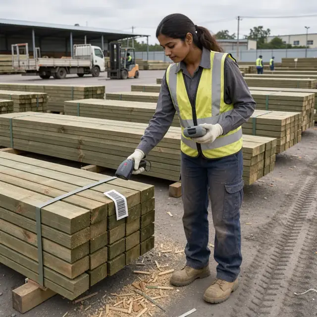 a worker scanning barcoded tags on stacks of treated lumber in a large outdoor storage yard