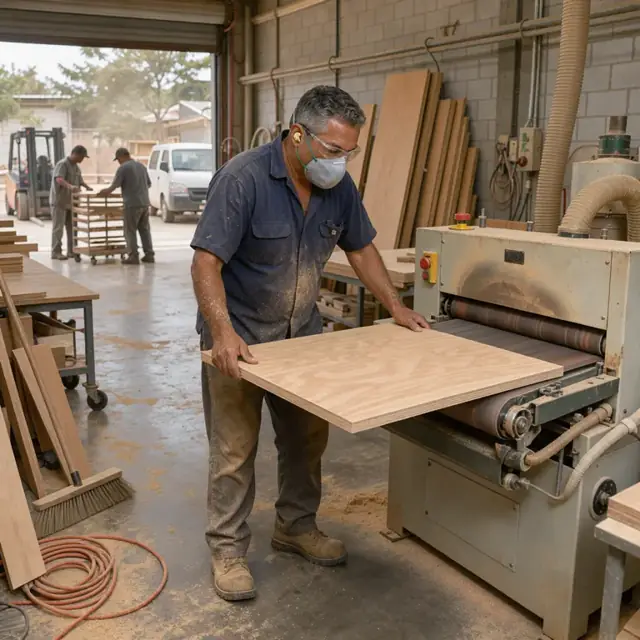 a worker guiding a large plywood panel through a wide-belt sander in a dust-filled finishing area