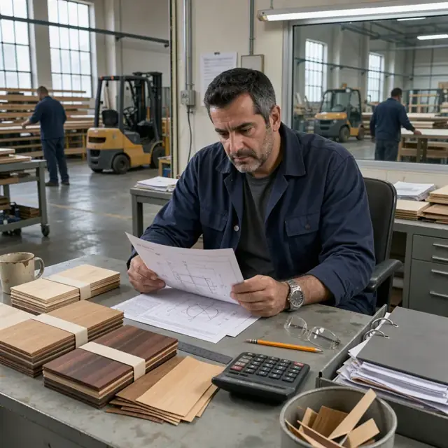 a worker at a desk reviewing specification sheets next to stacks of hardwood veneer samples in a factory office