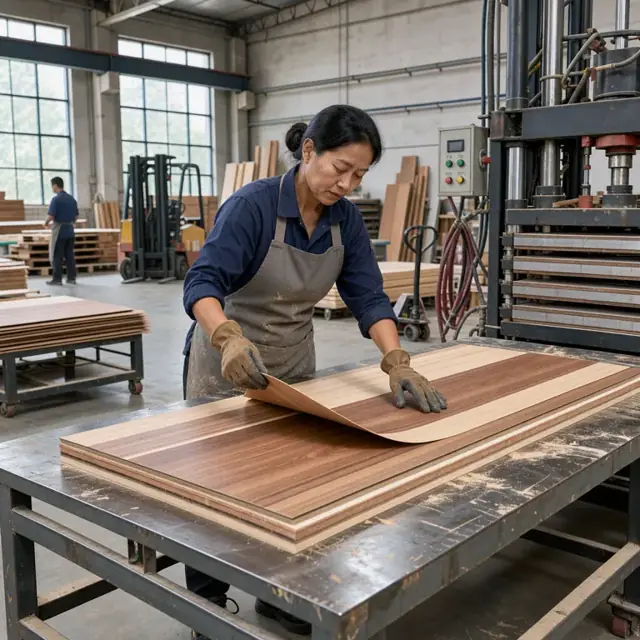 a worker layering sheets of veneer and core material on a large caul table before loading into a hot press