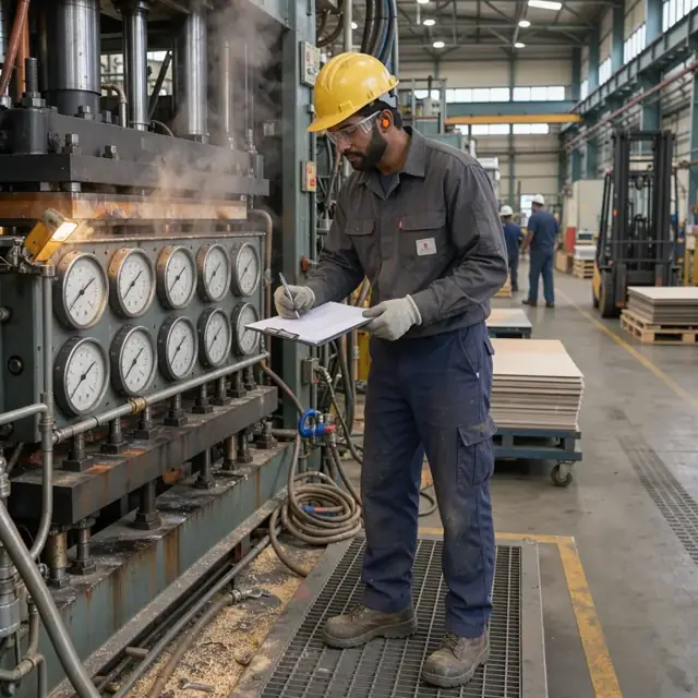 a worker checking calibration gauges on a hot press and recording readings on a clipboard checklist in the mill