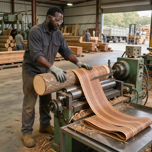 a worker feeding a log into a rotary veneer lathe as a long continuous sheet of hardwood veneer peels away