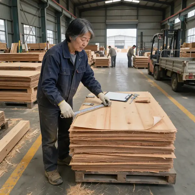 a worker measuring and grading a stack of dried softwood veneer sheets in a mill storage area