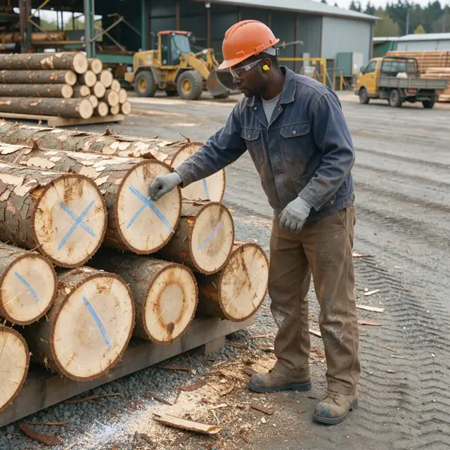 a worker standing beside a stack of softwood logs in a mill yard marking them with chalk for the next peeling run