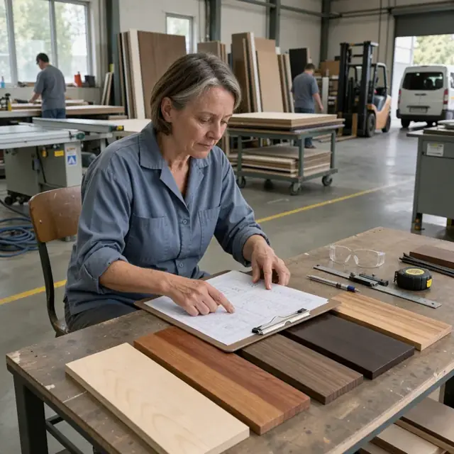 a worker at a desk reviewing panel order specifications on a clipboard next to samples of different wood veneers