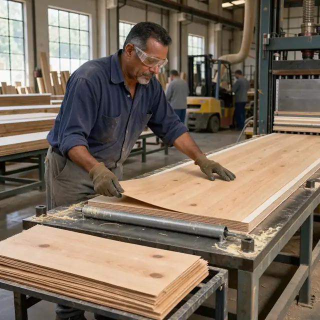 a worker layering sheets of softwood veneer and core in a large plywood layup station before pressing