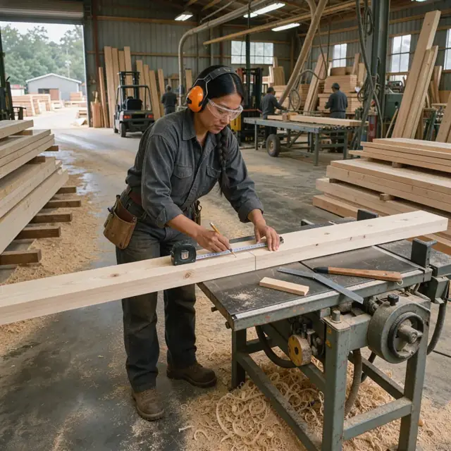 a worker measuring and marking long dimensional lumber on a saw table surrounded by stacks of sorted boards in a mill