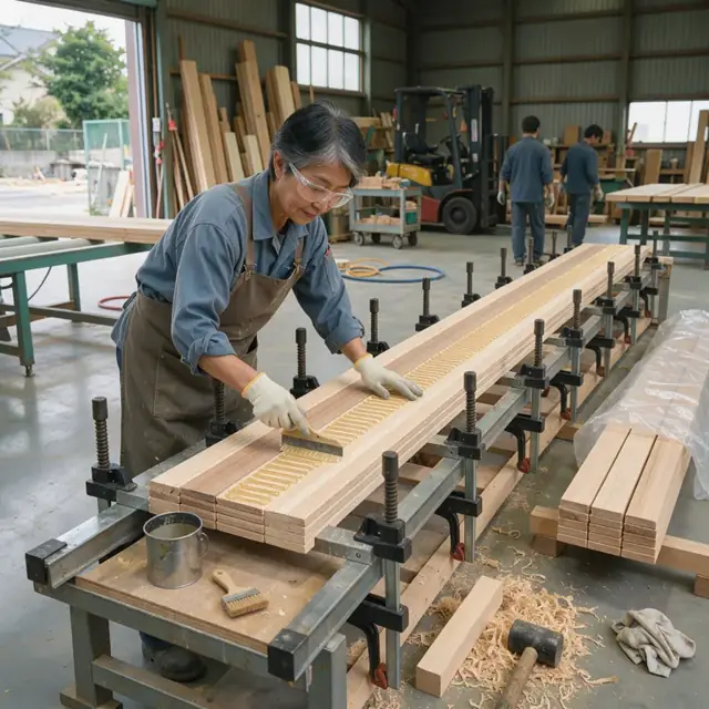 a worker spreading adhesive on lumber laminations before assembling a large beam in a long clamping jig