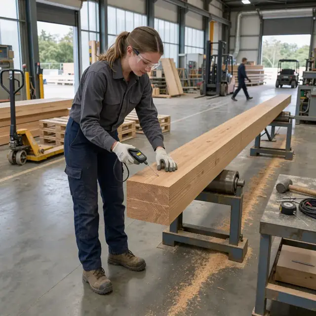 a worker using a probe to check moisture content on the end of a finished glulam beam in a production bay