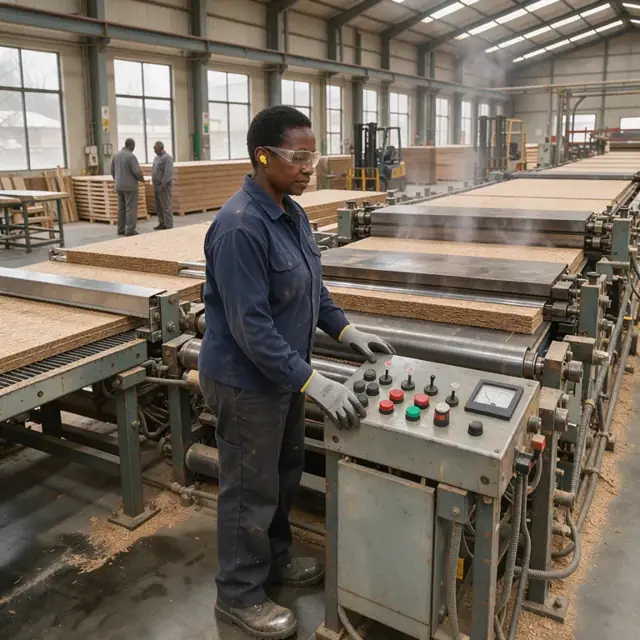 a worker standing at a control panel beside a large continuous press line with hot platens and conveyor belts carrying wood mats