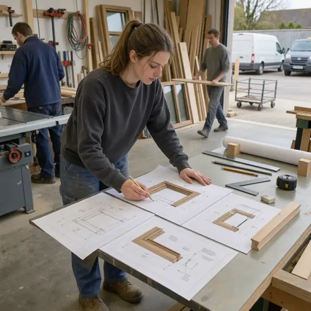 a drafting table with large format drawings of a wood window assembly spread out next to measuring tools and pencils