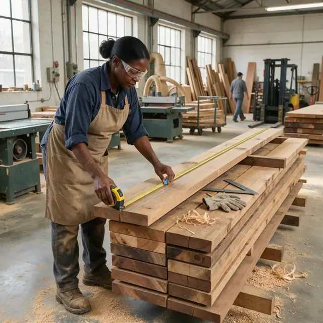 a worker measuring and marking a stack of hardwood lumber boards in a millwork shop using a tape measure and chalk