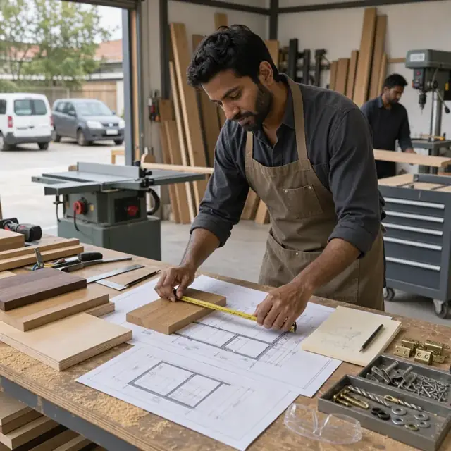 a workshop counter with wood samples, hardware pieces and architectural drawings laid out beside a notepad and measuring tape