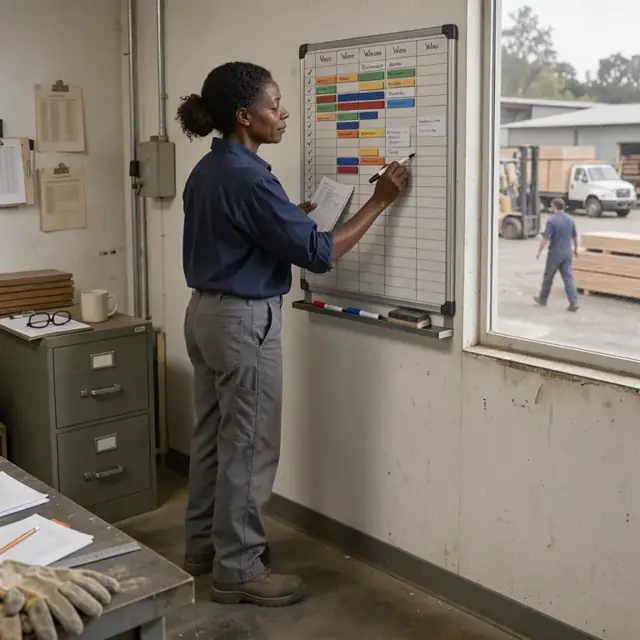a worker updating a schedule board showing resaw and planer jobs beside a window overlooking the mill yard