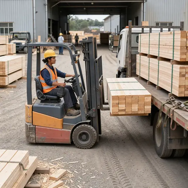 a worker loading strapped bundles of planed lumber onto a flatbed truck using a forklift in the mill loading yard