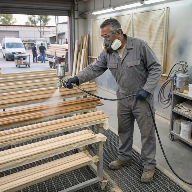 a worker in a spray booth applying finish to a set of custom wood moldings under bright overhead lights