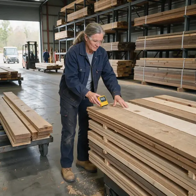 a worker measuring moisture content of hardwood boards with a meter in a lumber storage rack area