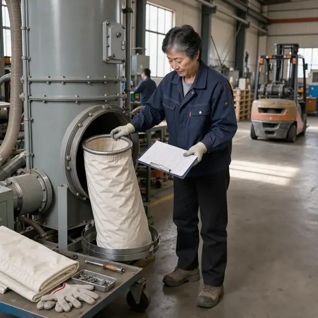 a worker changing a large dust collector filter bag while checking a maintenance checklist on a clipboard beside the machine
