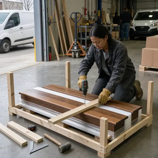 a worker building a custom wooden crate around a large prefinished stair tread assembly in a loading bay