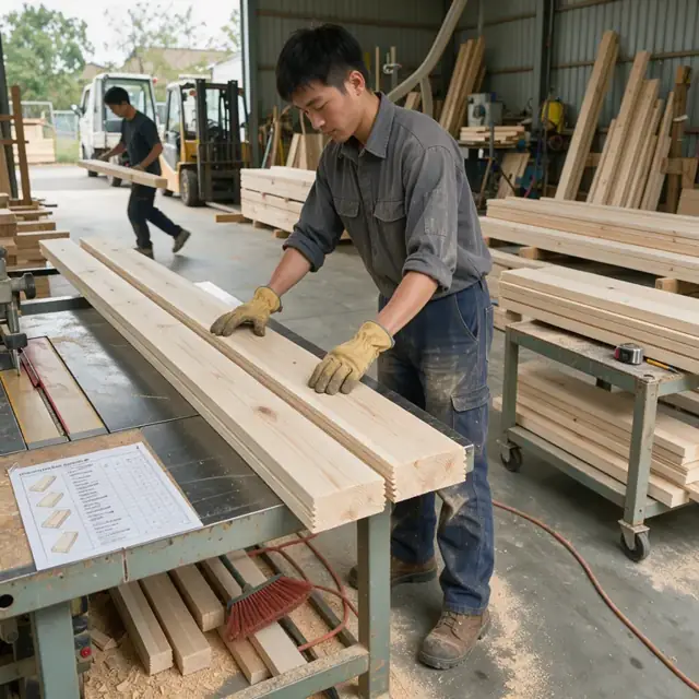 a worker arranging long lumber boards on a saw table next to a printed cut list showing multiple pallet components