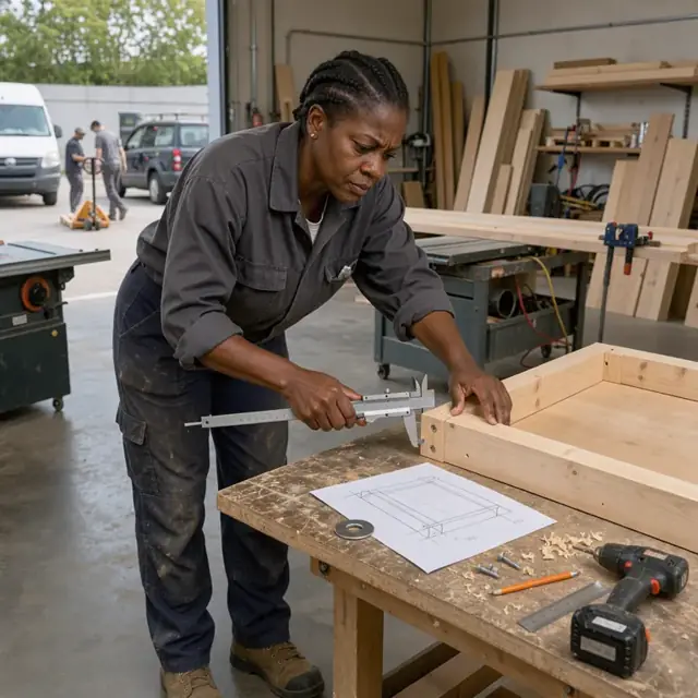 a worker at a workbench measuring a wooden crate corner with calipers while comparing dimensions to a customer sketch on paper
