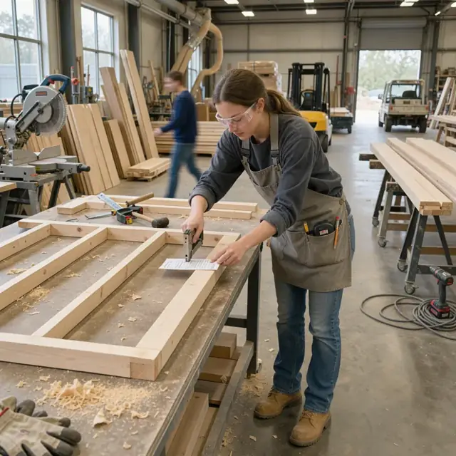 a worker attaching a printed job tag to a framed wall panel on a large assembly table surrounded by saws and lumber