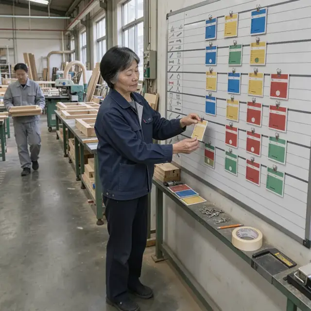 a worker updating a wall timeline chart with color-coded job cards for cutting, framing and assembly stations