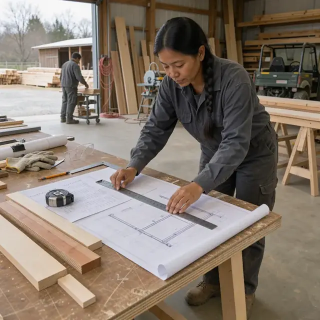 a worker at a large table using a scale ruler on blueprints next to a printed cut list and lumber samples