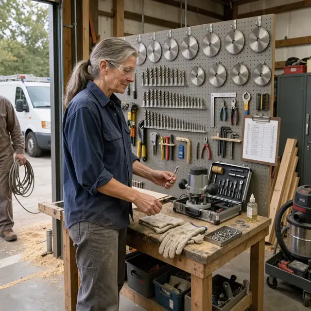 a wall-mounted tool board with neatly arranged router bits, saw blades and a maintenance checklist clipboard