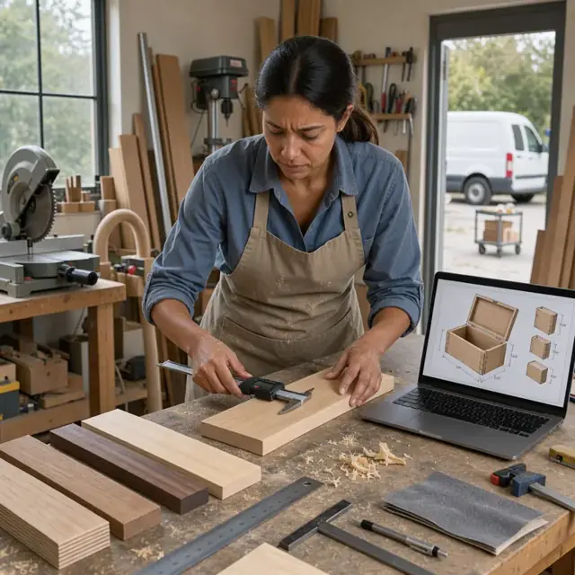 a workbench covered with wood samples, calipers and a laptop displaying a detailed technical drawing of a custom wooden box