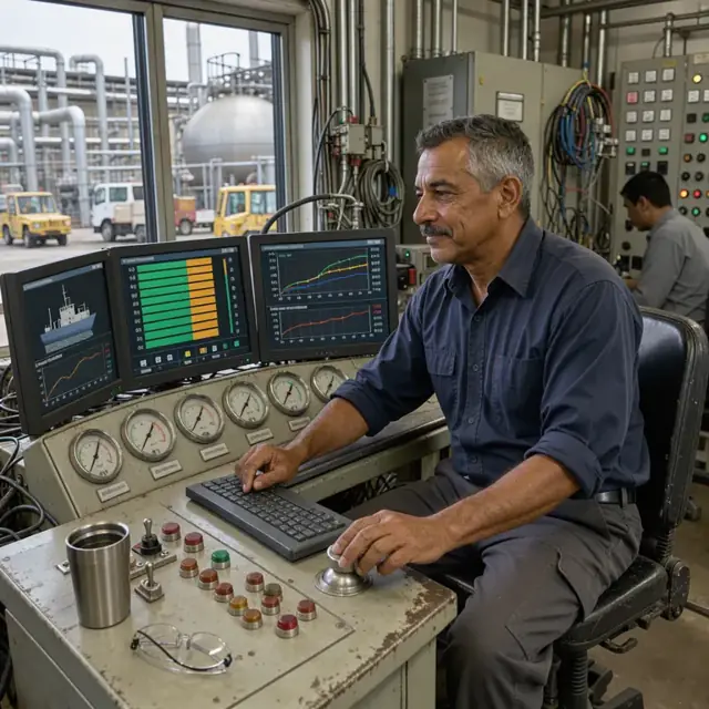 a control room operator monitoring multiple digester pressure gauges and computer screens showing cook progress