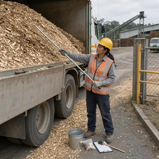 a worker standing beside a loaded chip truck using a long probe to sample wood chips at the mill gate