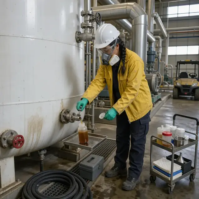 a technician in protective gear taking a sample from a large white liquor storage tank inside a pulp mill