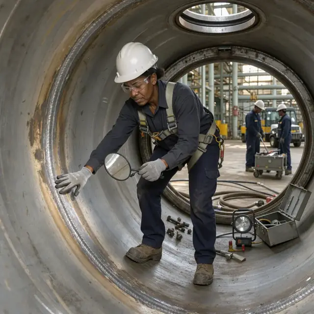 a mechanic in a hard hat inspecting the interior of an empty digester vessel during a scheduled mill outage