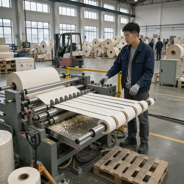 a worker operating a large paper reel slitter with multiple knives cutting a wide parent roll into narrower customer rolls