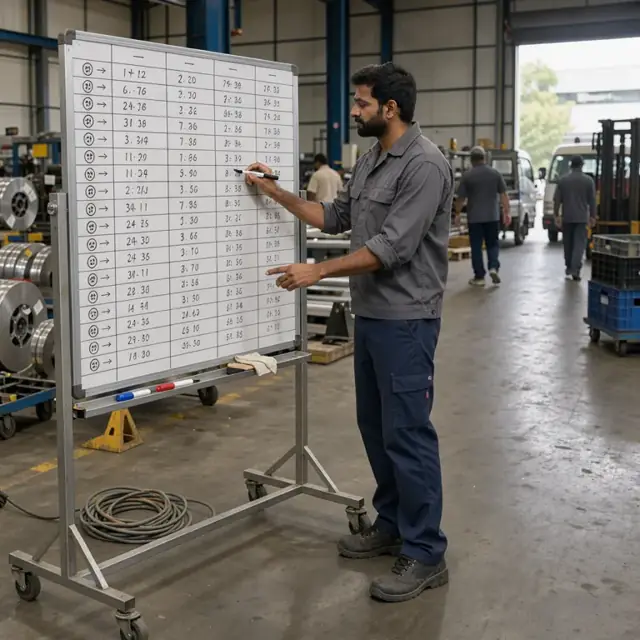 a worker standing at a large scheduling board with reel icons and machine run times written in dry erase marker