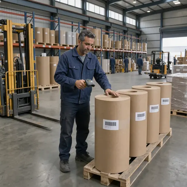 a worker using a handheld scanner to check barcodes on large paperboard rolls stored in a high-bay warehouse