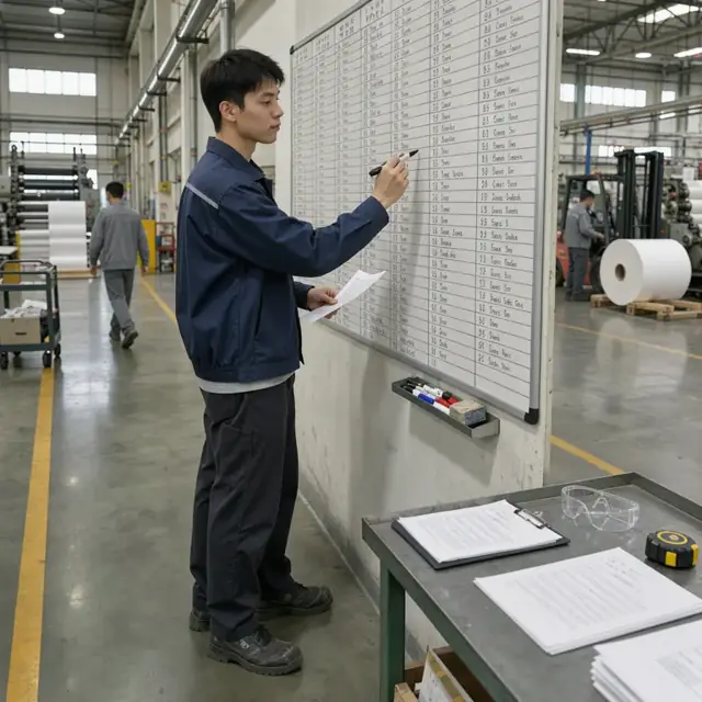 a worker standing at a large wall-mounted production schedule board writing run numbers and grade sequences for paper machines