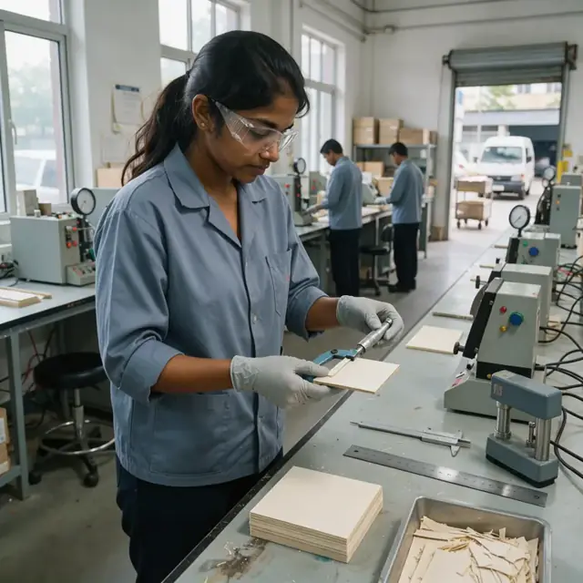 a worker in a laboratory testing a paperboard sample for thickness using a micrometer at a bench with testing equipment