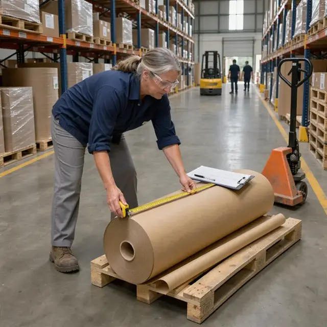 a worker in a warehouse aisle measuring a large roll of brown kraft paper with a tape measure while consulting an inventory sheet on a clipboard