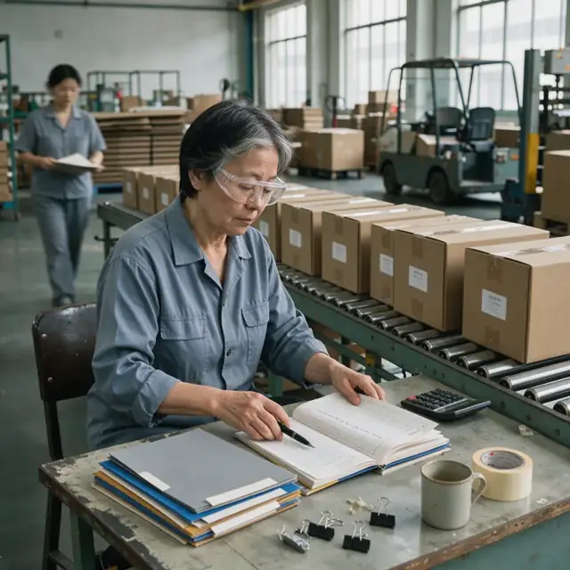 a worker organizing certification folders and quality logs at a desk next to a row of finished paperboard boxes
