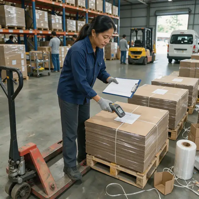 a worker scanning paperboard skids with a handheld device while comparing counts to an inventory sheet in a warehouse