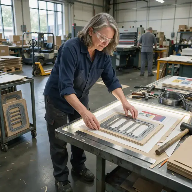 a worker at a light table aligning a steel rule die with a printed paperboard sheet in a die shop
