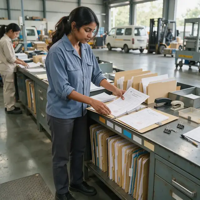 a worker organizing printed material test reports and certificates into a job folder at a filing station