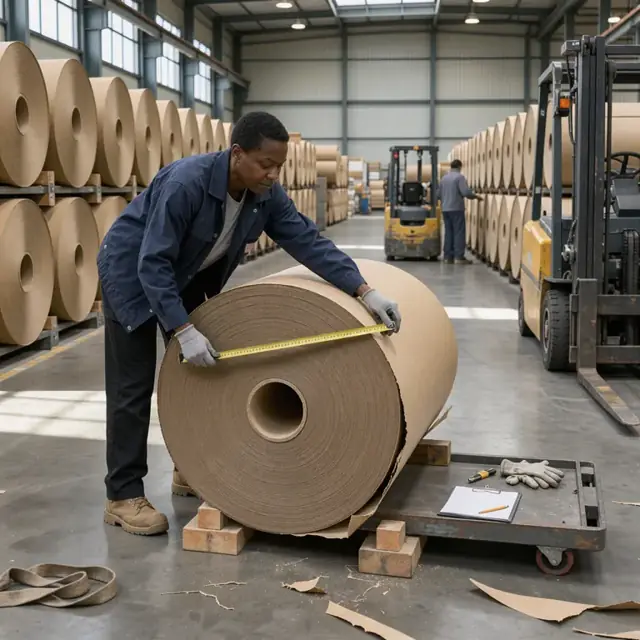 a worker measuring a large roll of brown kraft linerboard in a warehouse aisle lined with paper rolls