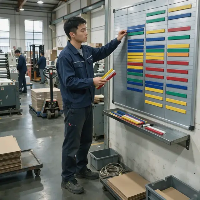 a worker standing at a large scheduling board updating magnetic strips for press and die cutter jobs