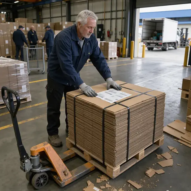 a worker applying a shipping label to a strapped pallet of folded cardboard boxes in a loading dock