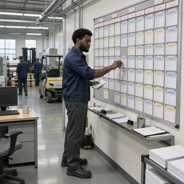 a worker standing in front of a large planning board covered with printed job cards arranged by press and date in a manufacturing office