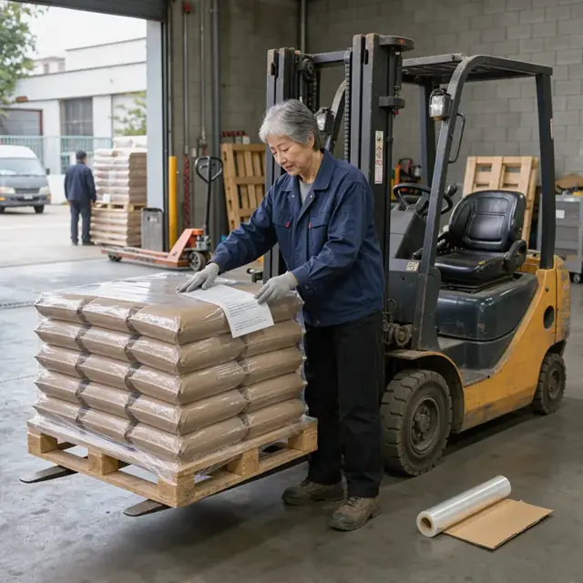 a worker applying a printed label to a shrink-wrapped pallet of paper bags on a forklift in a loading dock area
